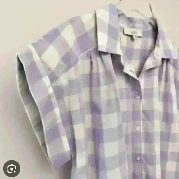EUC  Loft Pastel Purple Gingham Plaid Linen Dolman Henley Top Size Small - Picture 2 of 5